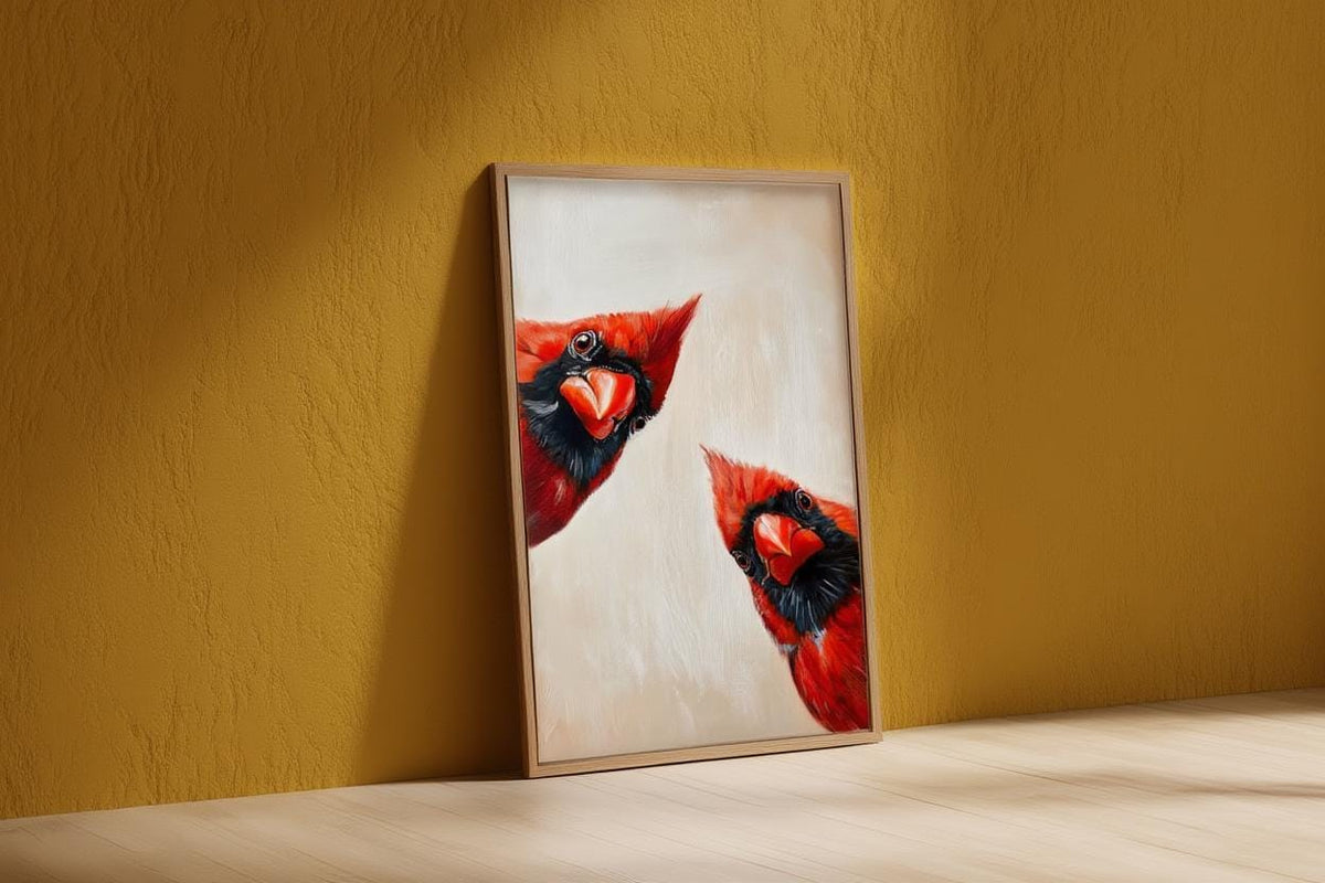 Whimsical Red Cardinal Bird Wall Art, Curious Cardinals Print, Retro Funny Animal Painting, Mid Century Gift, Home Decor Kitchen Living Room