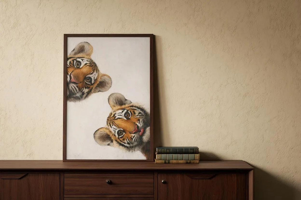 Tiger Wall Art, Funny Cub Oil Painting, Whimsical Safari Animal Art Print, Bold Jungle Nursery Decor, Vibrant Exotic Cat Portrait Poster