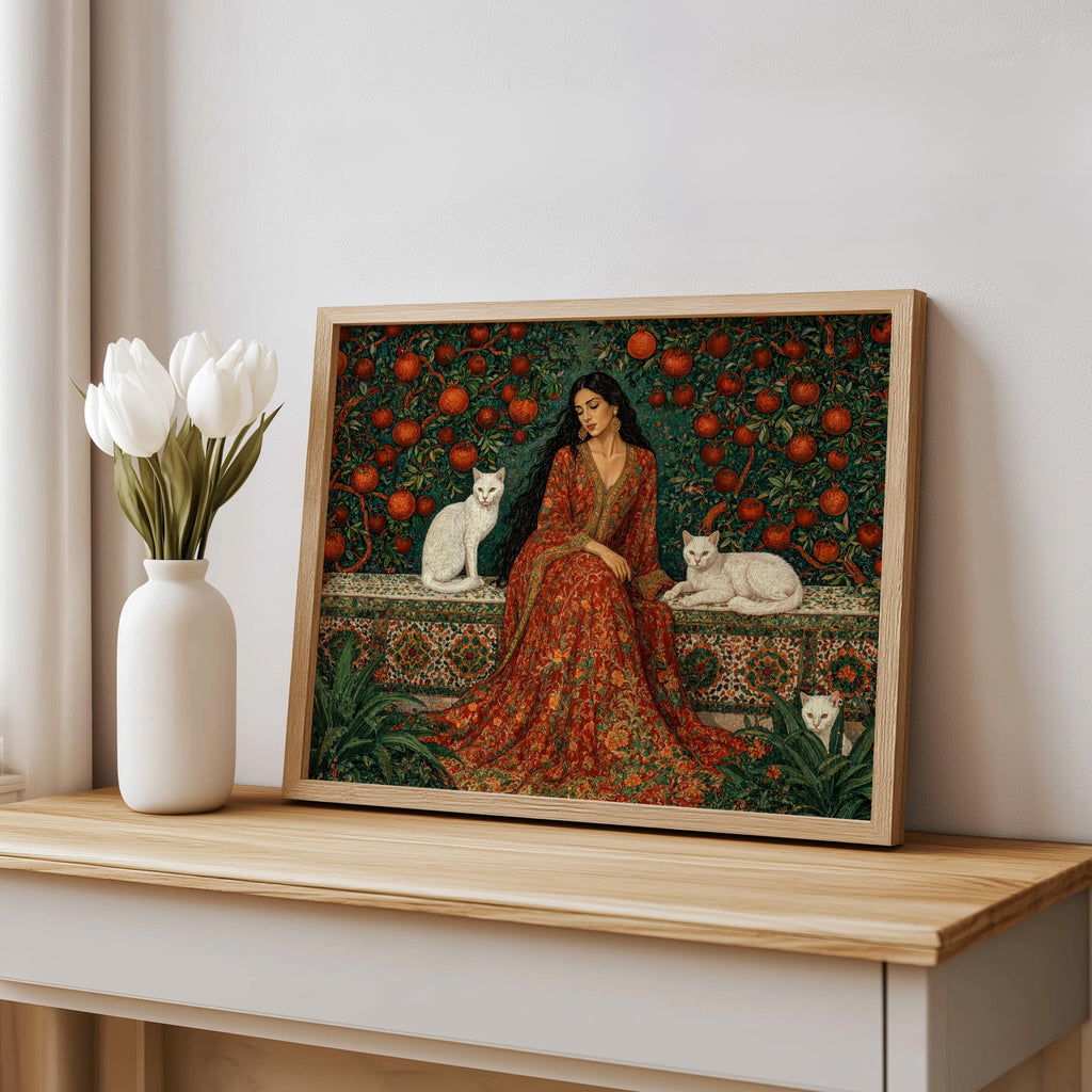 Iranian Woman & Cats in Persian Pomegranate Tree Garden Print, Middle Eastern Botanical Wall Art, Romantic Flower Decor, Elegant Courtyard