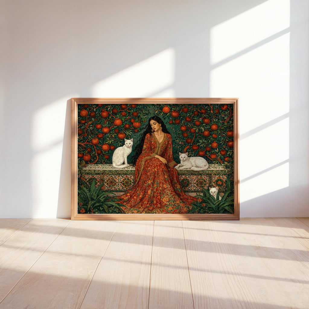 Iranian Woman & Cats in Persian Pomegranate Tree Garden Print, Middle Eastern Botanical Wall Art, Romantic Flower Decor, Elegant Courtyard