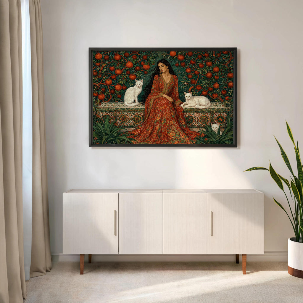 Iranian Woman & Cats in Persian Pomegranate Tree Garden Print, Middle Eastern Botanical Wall Art, Romantic Flower Decor, Elegant Courtyard
