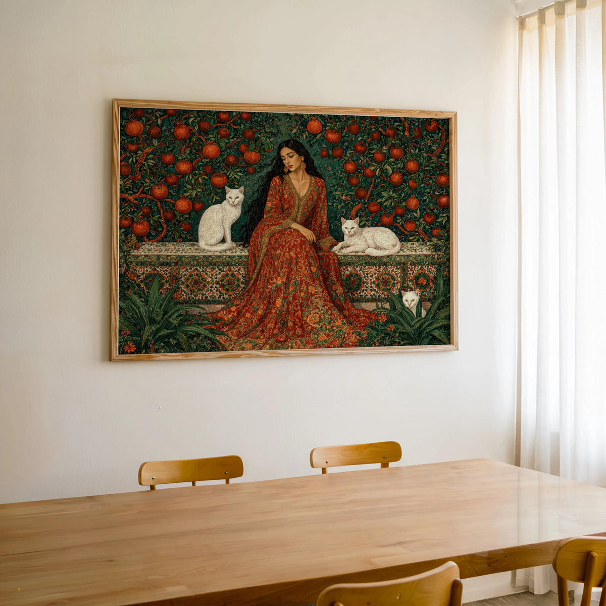 Iranian Woman & Cats in Persian Pomegranate Tree Garden Print, Middle Eastern Botanical Wall Art, Romantic Flower Decor, Elegant Courtyard