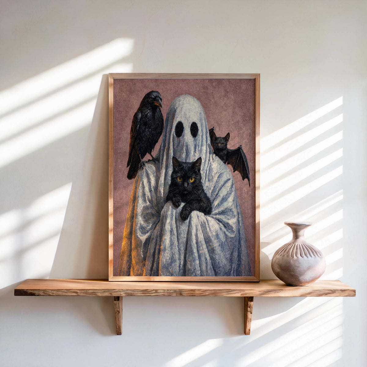 Ghost with Black Cat, Crow & Bat Print, Halloween Ghost Decor, Dark Academia Wall Art, Occult Gothic Painting, Cute Funny Fantasy Poster