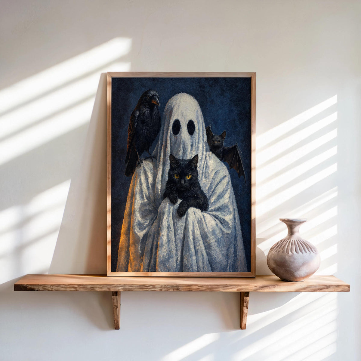 Ghost with Black Cat, Crow & Bat Print, Halloween Ghost Decor, Dark Academia Wall Art, Occult Gothic Painting, Cute Funny Fantasy Poster