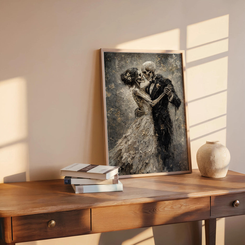 Skeletons Dancing Print, Gothic Romantic Couple Decor, Dark Academia Macabre Painting, Halloween Moody Wall Art, Victorian Occult Lovers Art