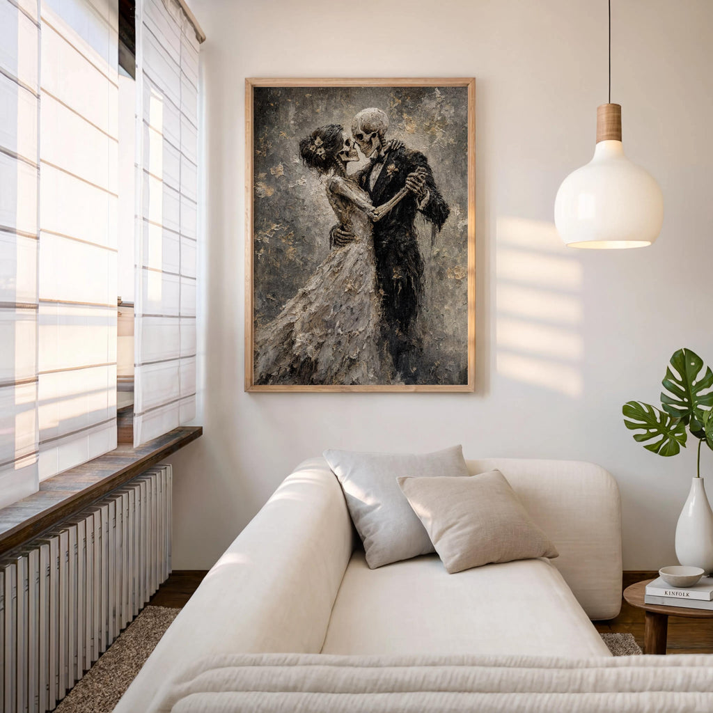 Skeletons Dancing Print, Gothic Romantic Couple Decor, Dark Academia Macabre Painting, Halloween Moody Wall Art, Victorian Occult Lovers Art