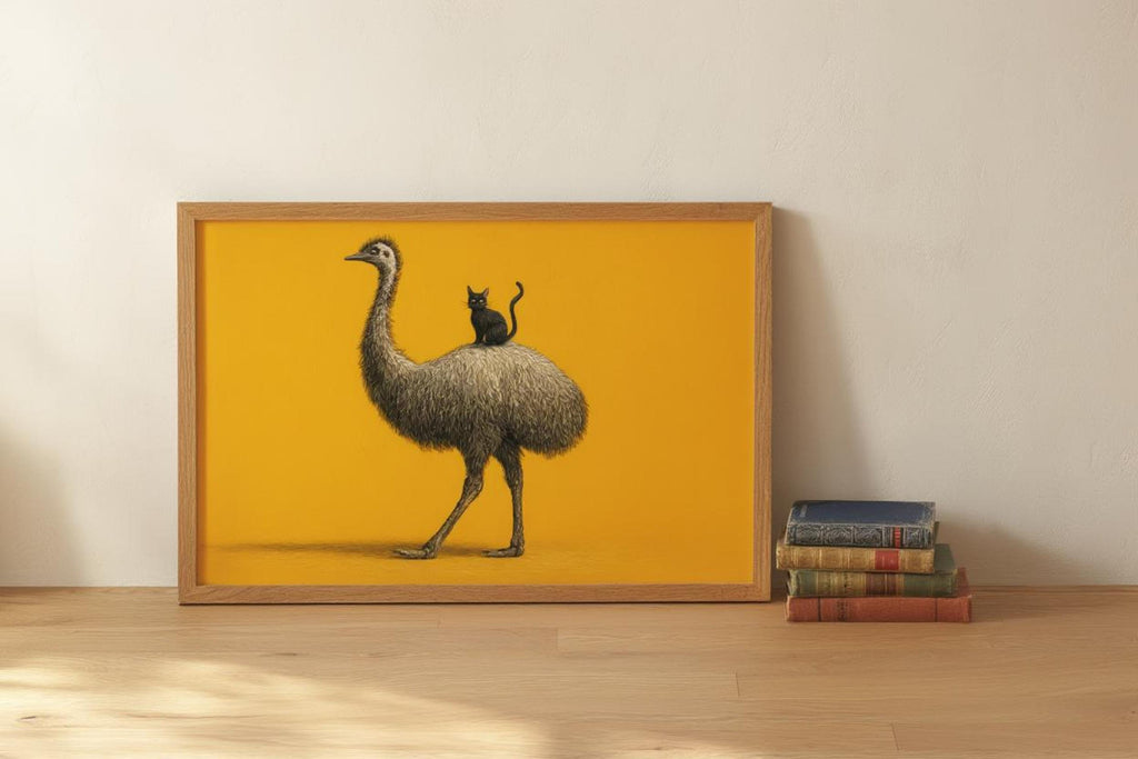 Framed funny emu wall art centered on floor with stacked books, yellow nursery wall art, playful vibe