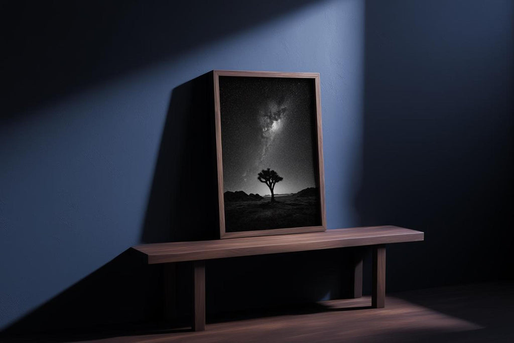Moody vignette with galaxy nightscape printable art propped on a rustic bench, deep blue shadow play