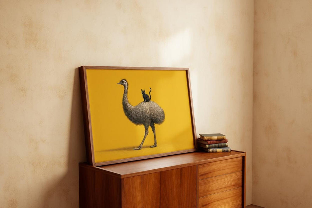 Leaning framed emu print at dresser corner, warm sunlight, whimsical animal decor for nursery or playroom