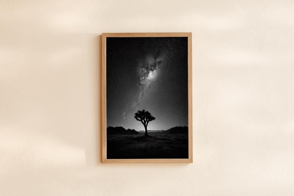 Warm cream wall holding a wood-framed minimalist desert wall poster, suited to southwestern boho wall decor