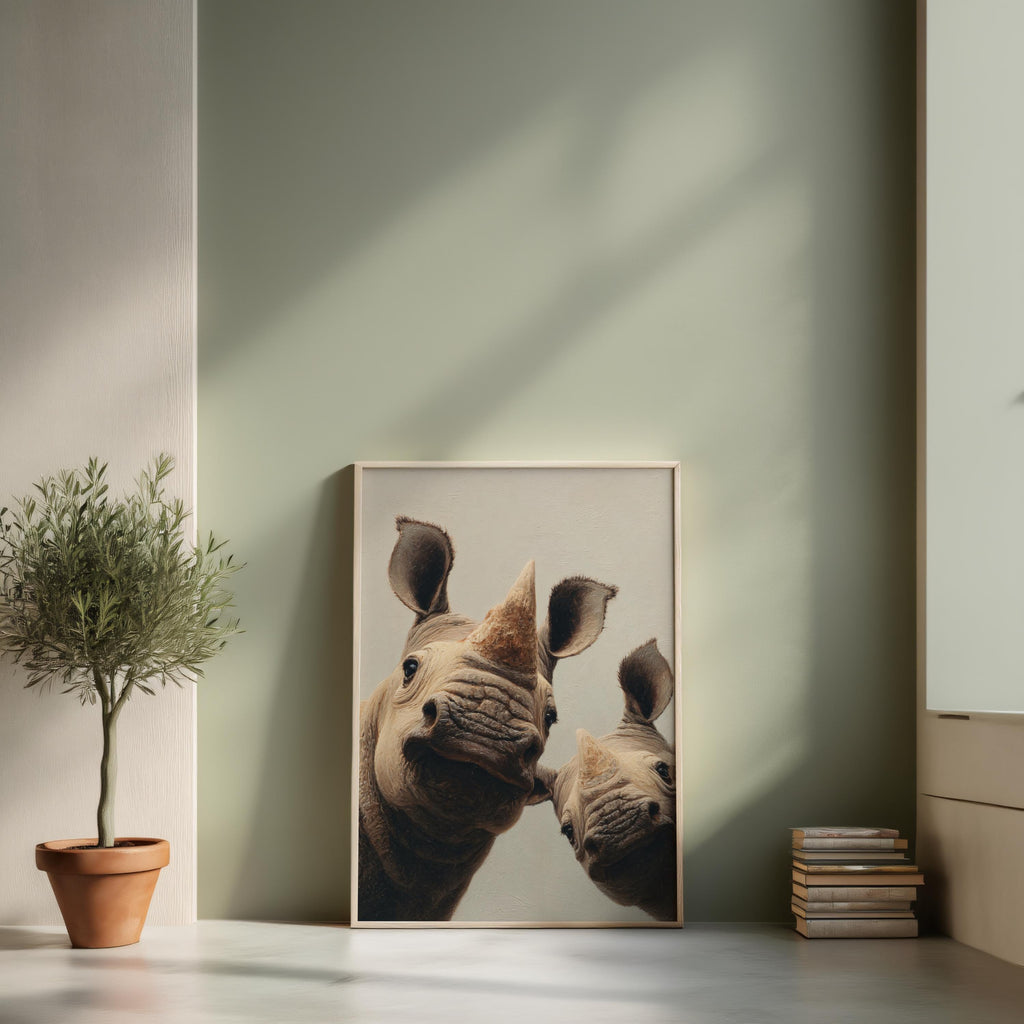 Whimsical Rhino Wall Art: Playful Safari Animal Print, Curious African Wildlife Canvas, Rhinoceros Gifts, Nursery & Kids Room Decor, Printed