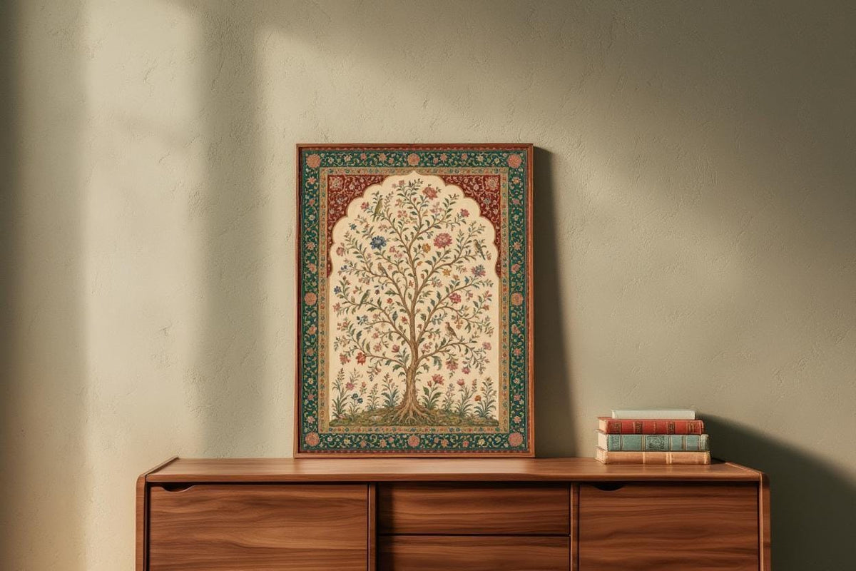 Mughal Inspired Tree of Life Wall Art, Vintage Floral Bird Print, Indian Botanical Poster, Bohemian Home Decor, Garden Lover Gift
