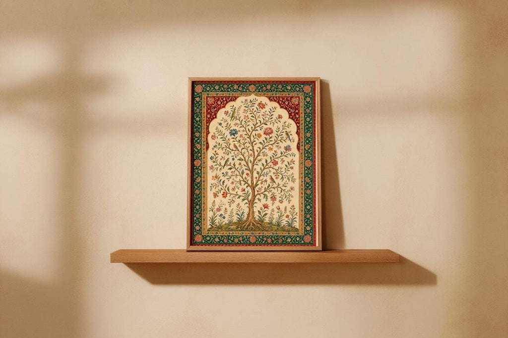 Mughal Inspired Tree of Life Wall Art, Vintage Floral Bird Print, Indian Botanical Poster, Bohemian Home Decor, Garden Lover Gift