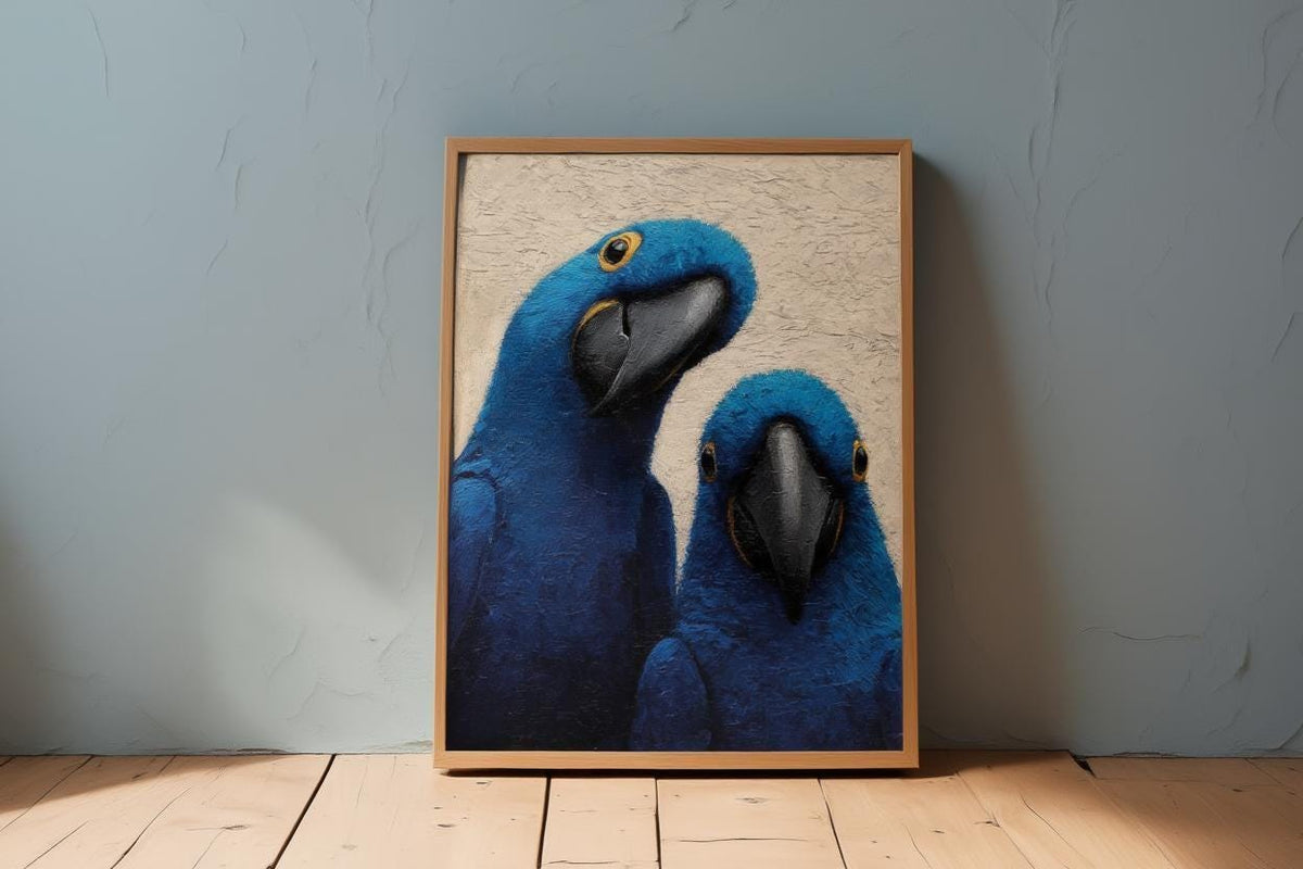 Macaw Wall Art, Blue Parrot Painting, Minimalist Oil Canvas, Whimsical Jungle Nursery Decor, Fine Art Print, Modern Tropical Bird Poster