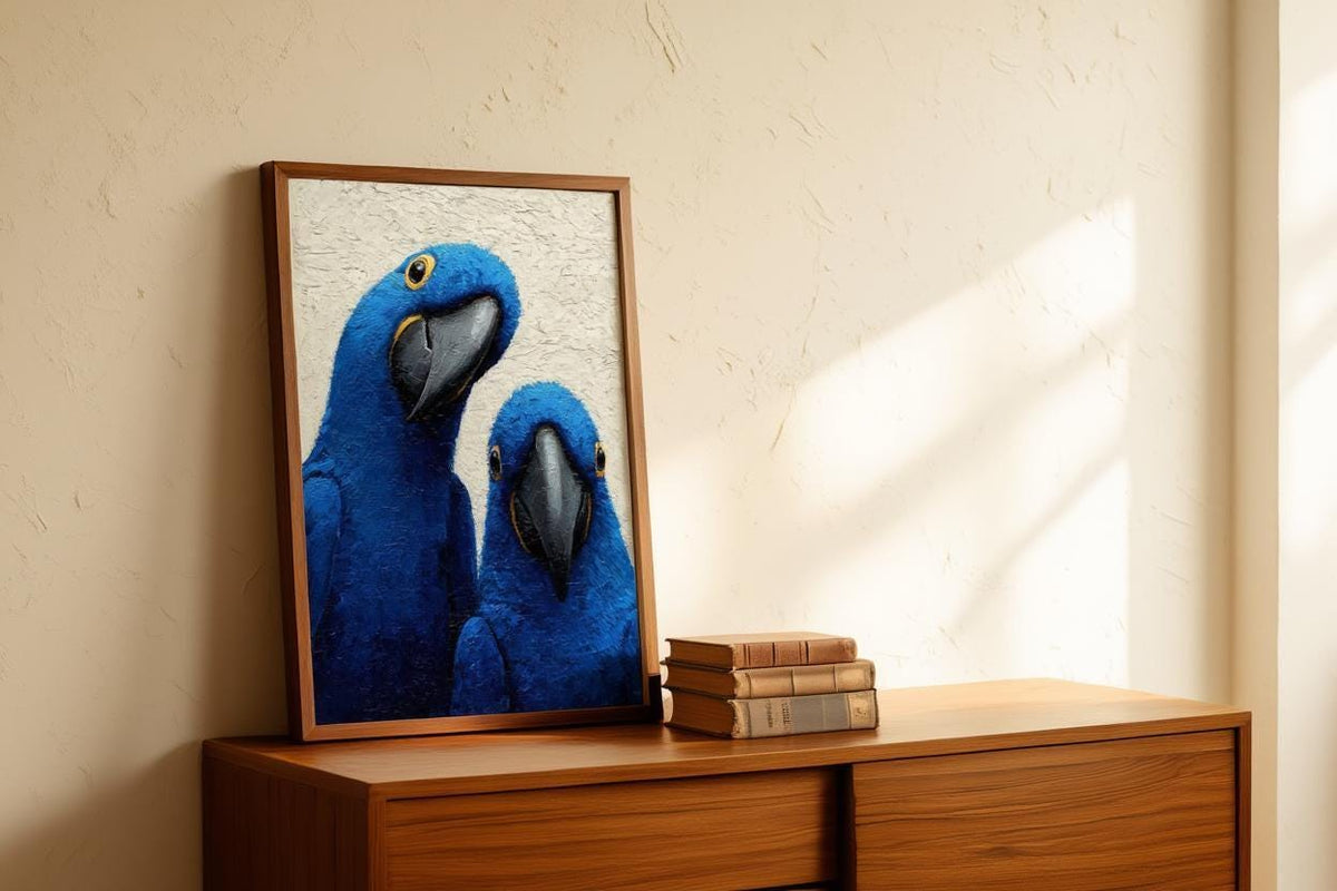 Macaw Wall Art, Blue Parrot Painting, Minimalist Oil Canvas, Whimsical Jungle Nursery Decor, Fine Art Print, Modern Tropical Bird Poster