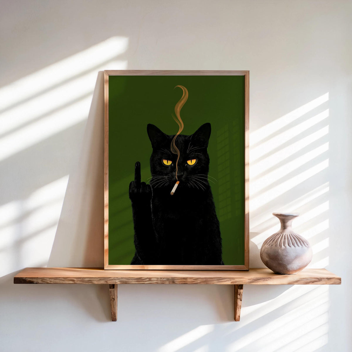 Black Cat Middle Finger & Smoking Wall Art, Funny Sarcastic Kitty Poster, Trendy Fuck You Statement Decor, Grumpy Cigarette Cat