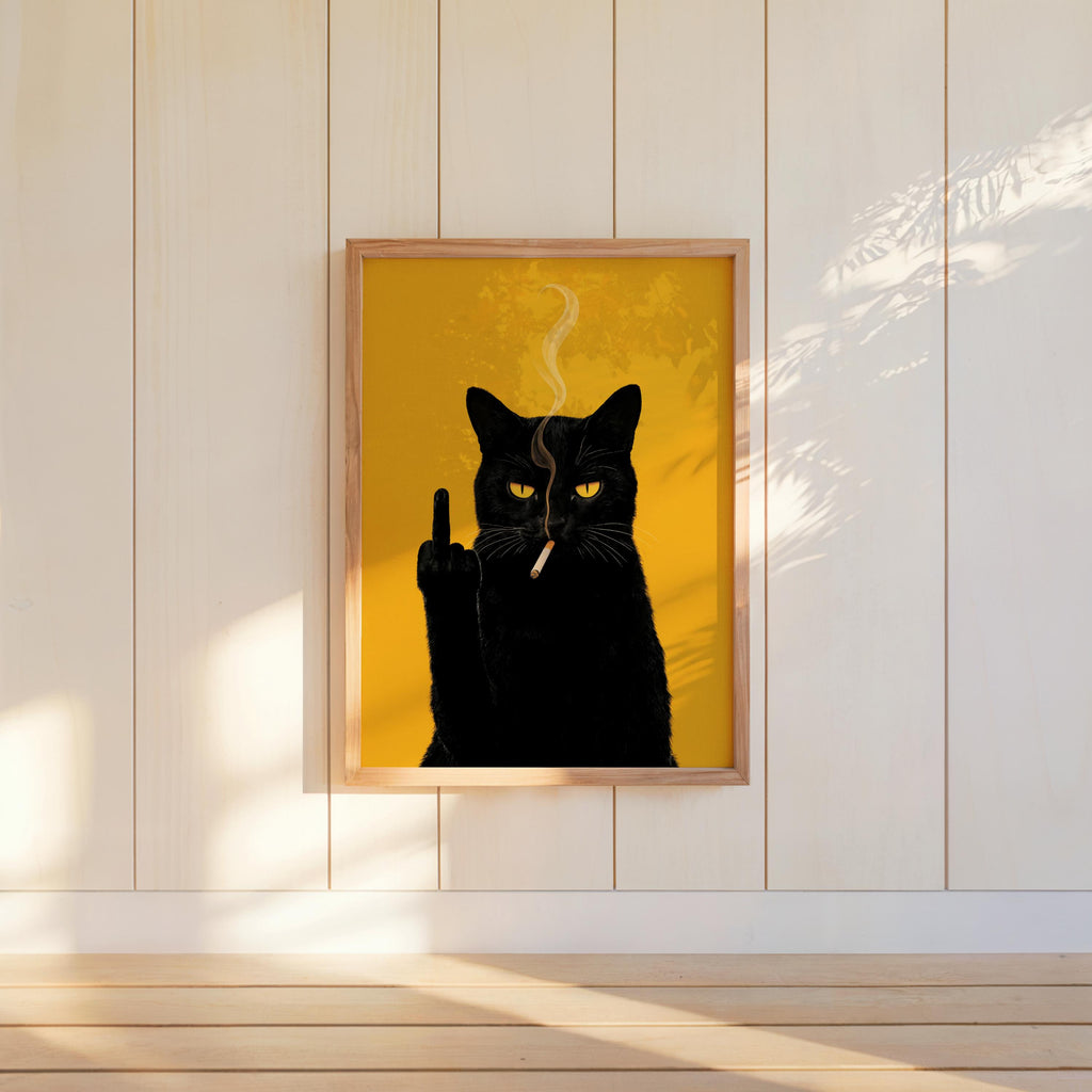 Black Cat Middle Finger & Smoking Wall Art, Funny Sarcastic Kitty Poster, Trendy Fuck You Statement Decor, Grumpy Cigarette Cat
