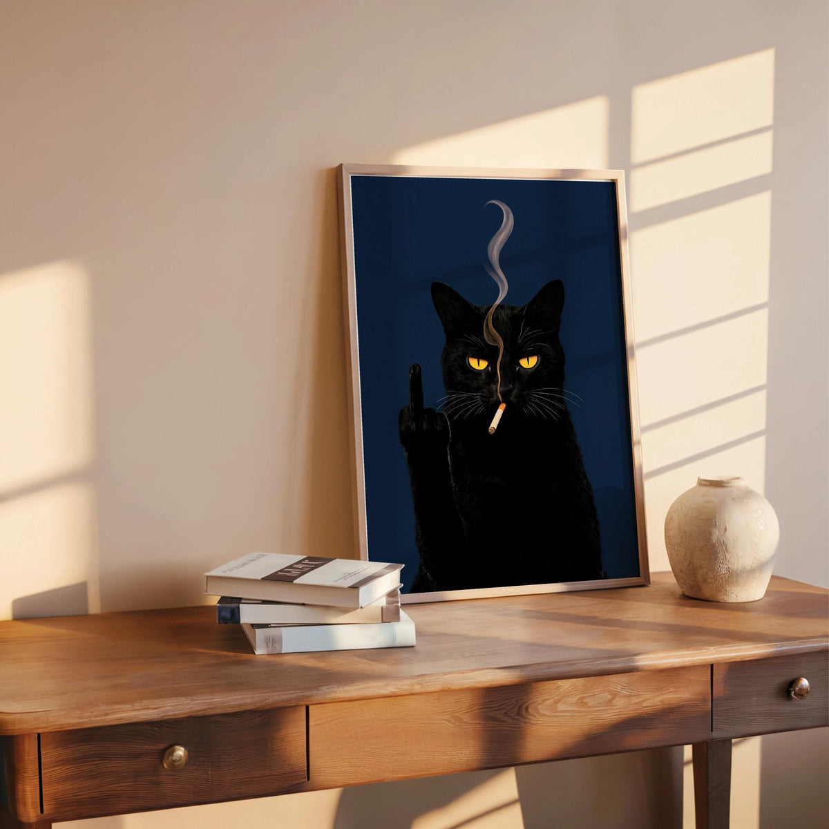 Black Cat Middle Finger & Smoking Wall Art, Funny Sarcastic Kitty Poster, Trendy Fuck You Statement Decor, Grumpy Cigarette Cat