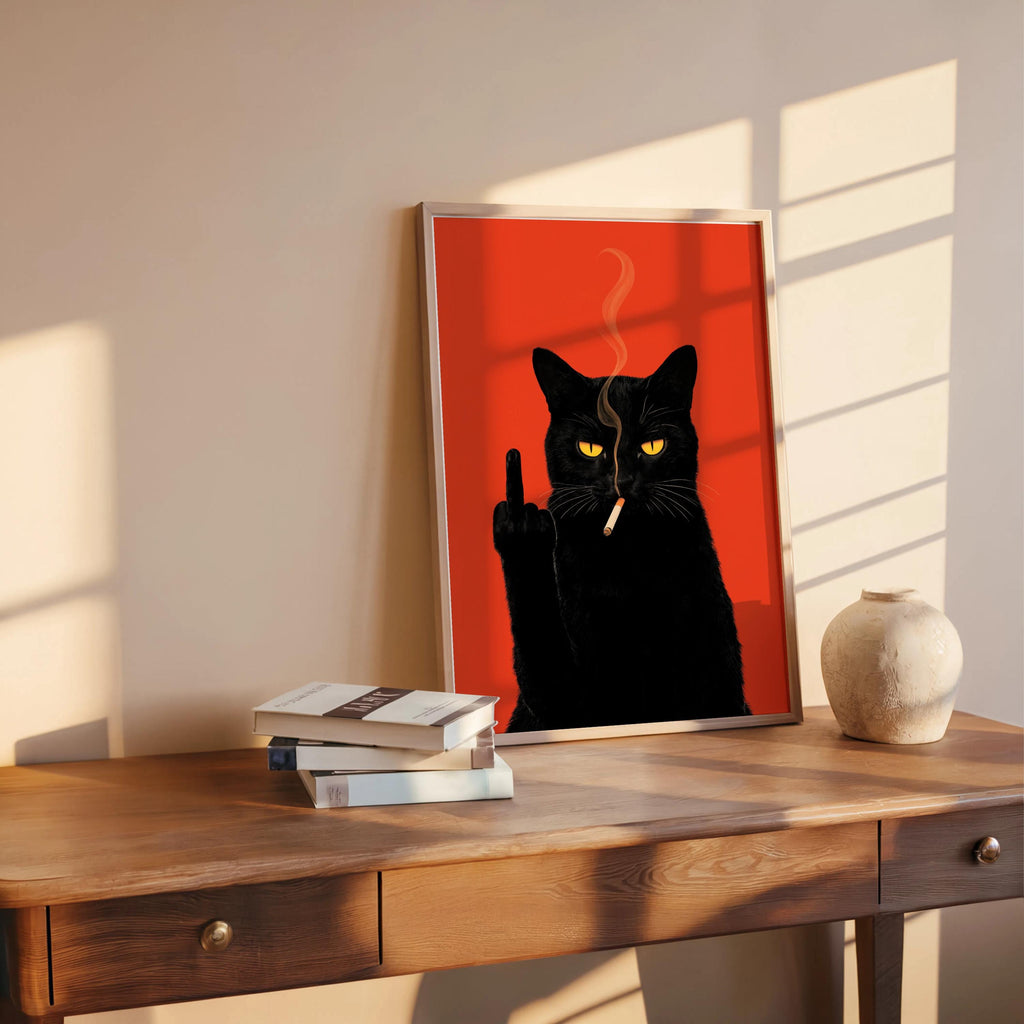 Black Cat Middle Finger & Smoking Wall Art, Funny Sarcastic Kitty Poster, Trendy Fuck You Statement Decor, Grumpy Cigarette Cat