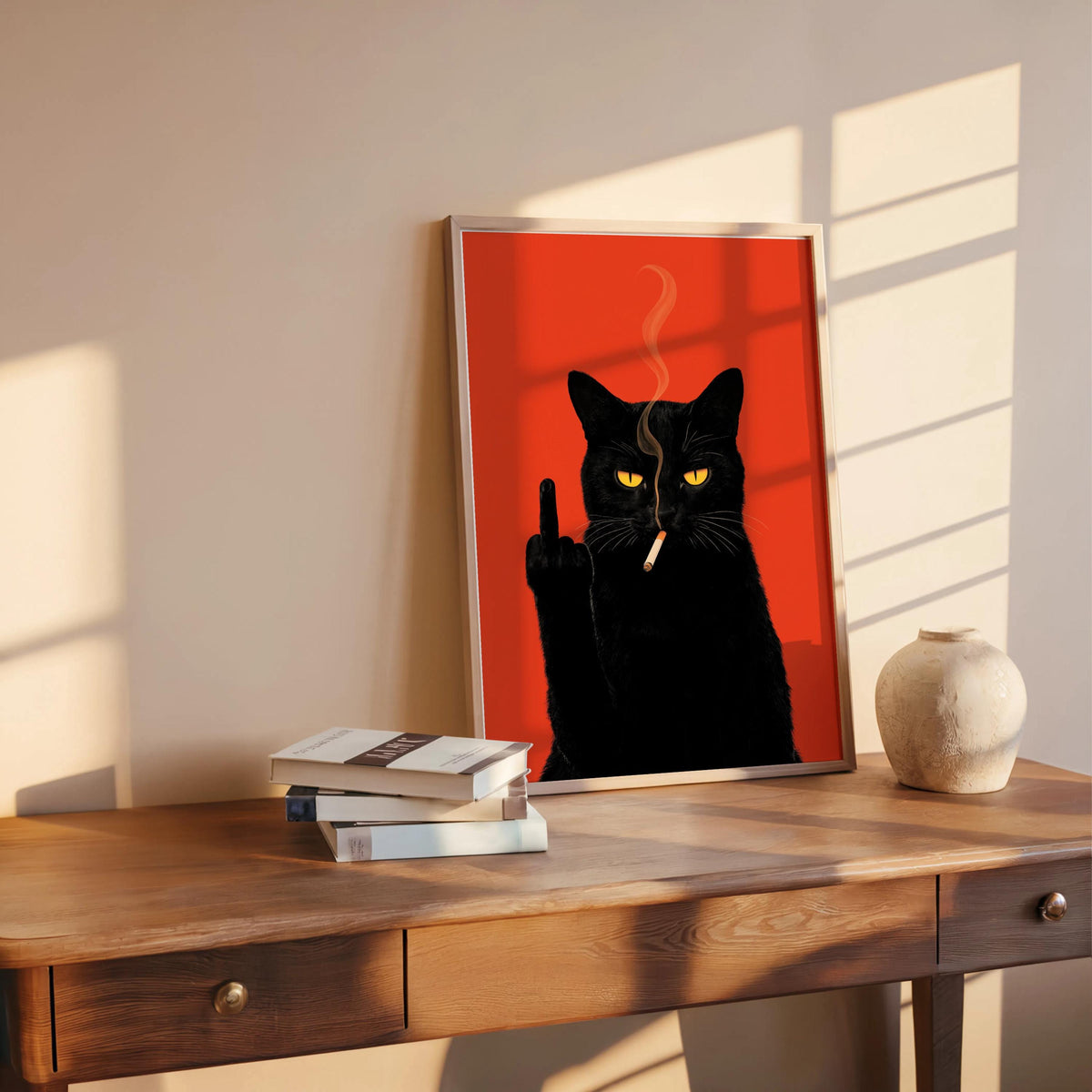 Black Cat Middle Finger & Smoking Wall Art, Funny Sarcastic Kitty Poster, Trendy Fuck You Statement Decor, Grumpy Cigarette Cat