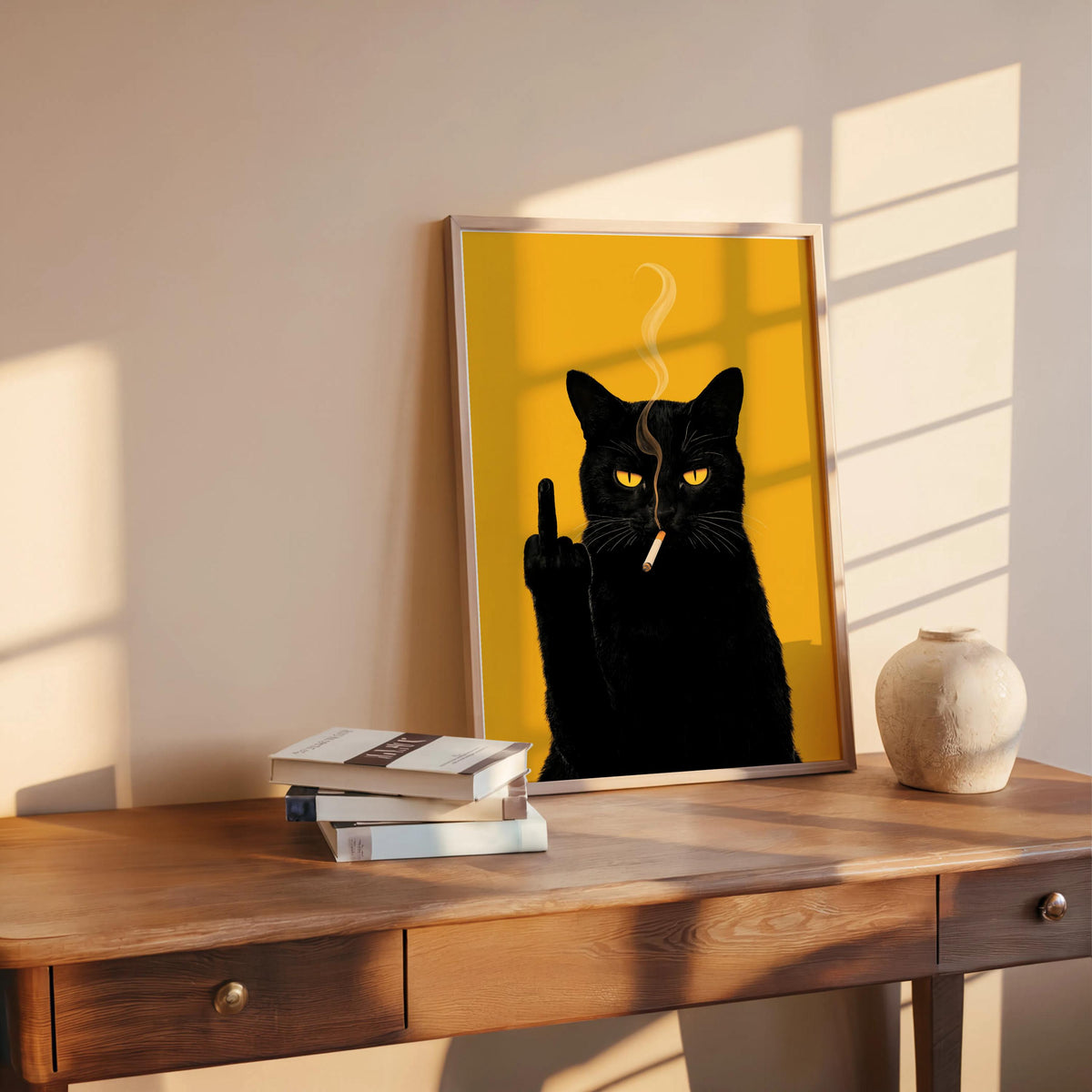 Black Cat Middle Finger & Smoking Wall Art, Funny Sarcastic Kitty Poster, Trendy Fuck You Statement Decor, Grumpy Cigarette Cat