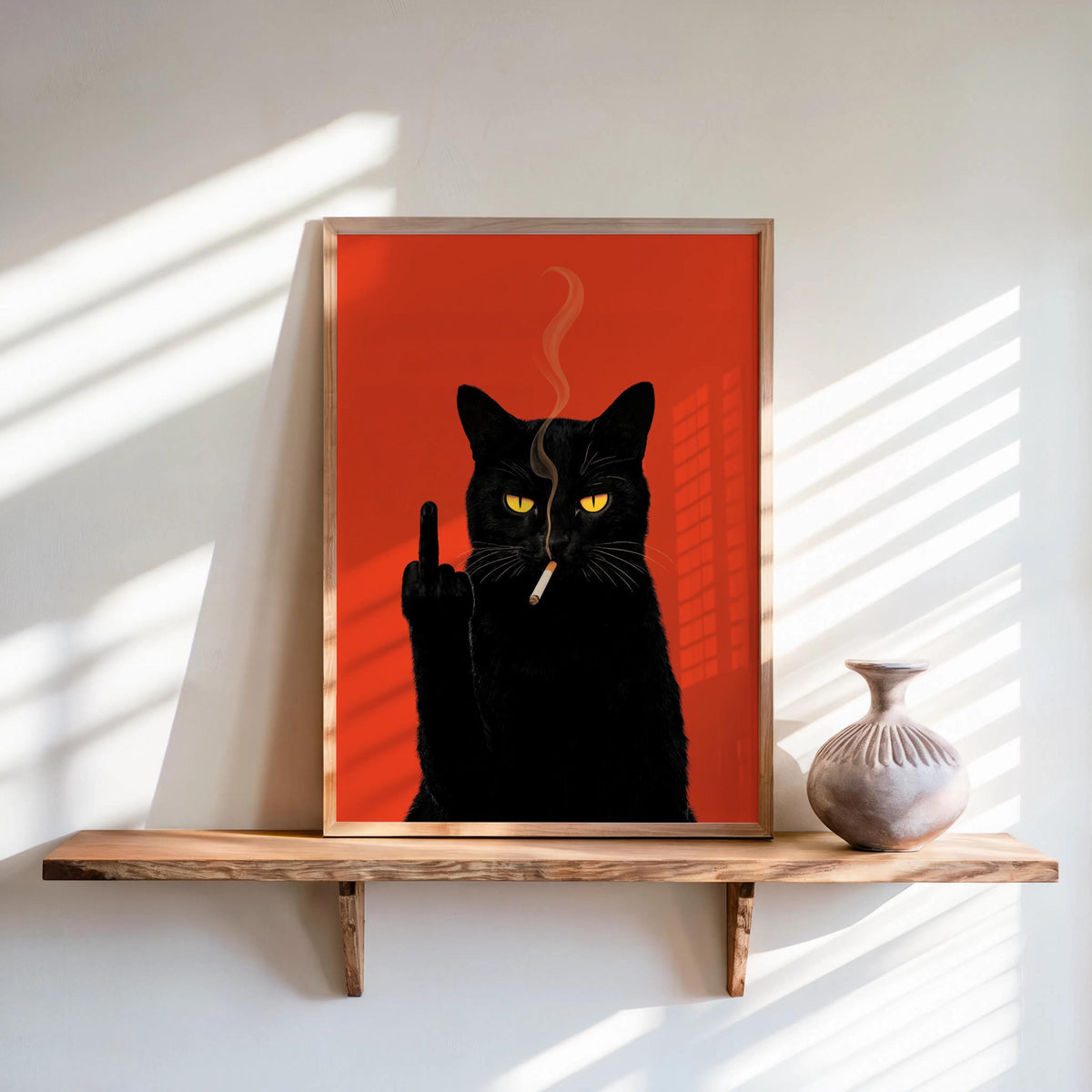 Black Cat Middle Finger & Smoking Wall Art, Funny Sarcastic Kitty Poster, Trendy Fuck You Statement Decor, Grumpy Cigarette Cat