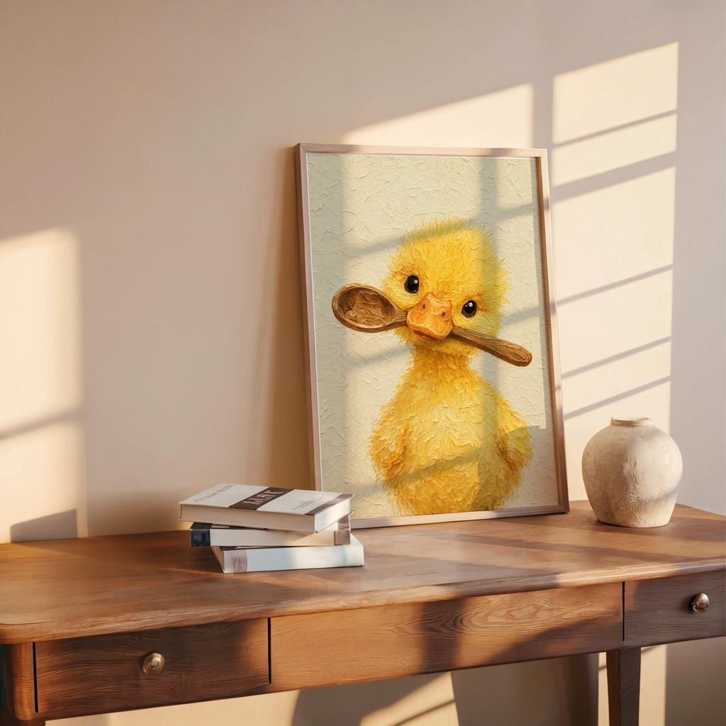 Small framed duck kitchen art print on desk with pottery, warm window light and soft neutral painterly texture.