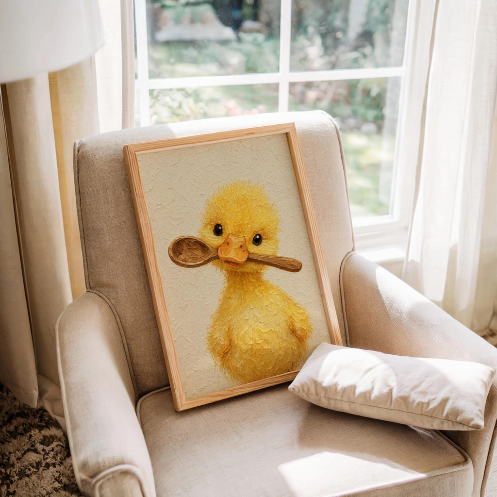 Cozy armchair vignette with duckling holding spoon print leaning on cushion, funny duckling print for kitchens.