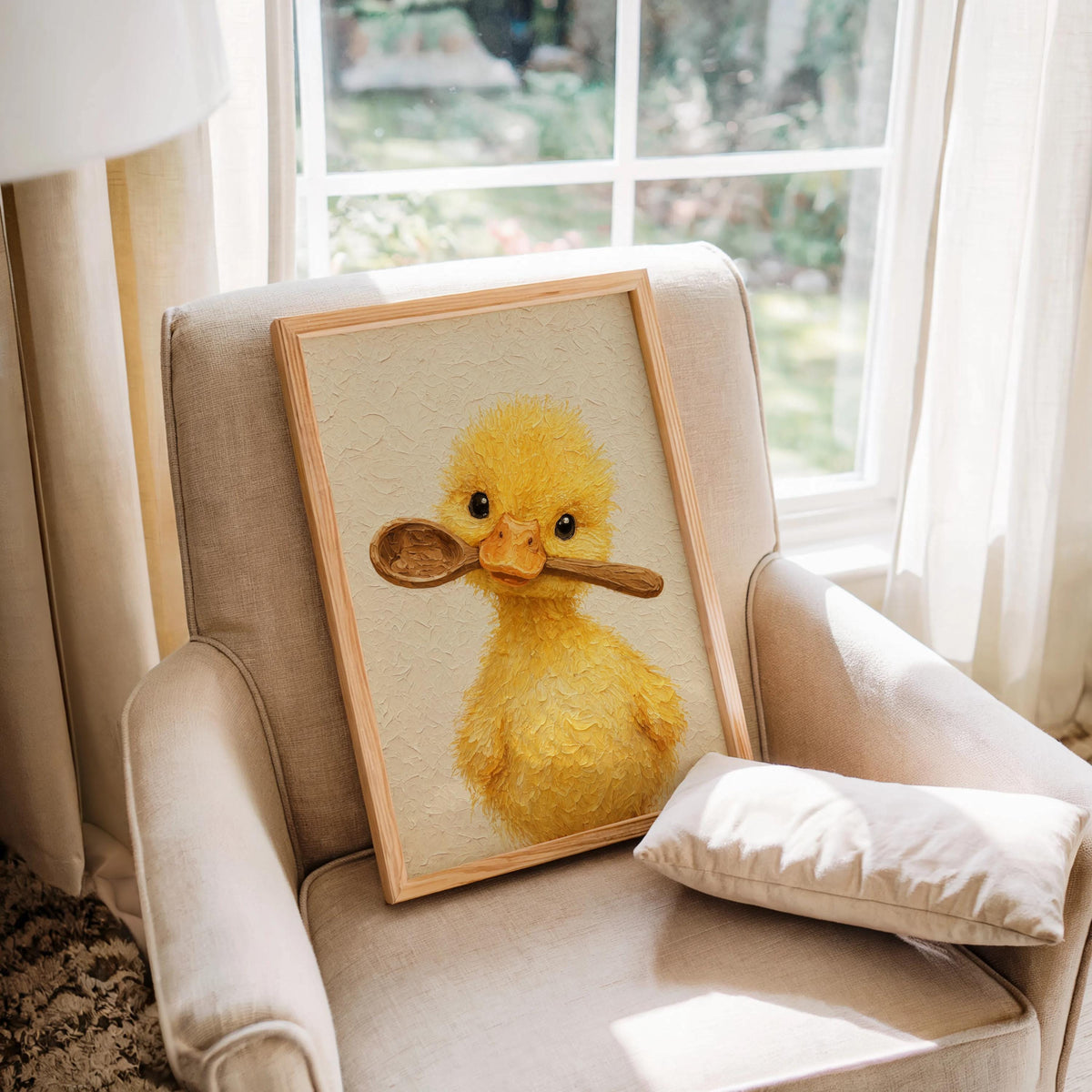 Cozy armchair vignette with duckling holding spoon print leaning on cushion, funny duckling print for kitchens.