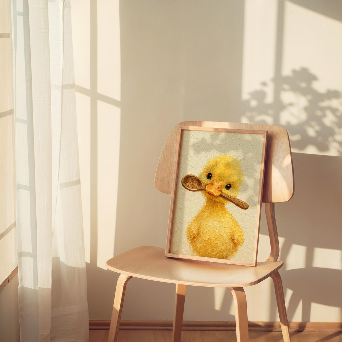 Soft lamp glow on chair framing a small duckling holding spoon print, cute duck wall decor with painterly texture.