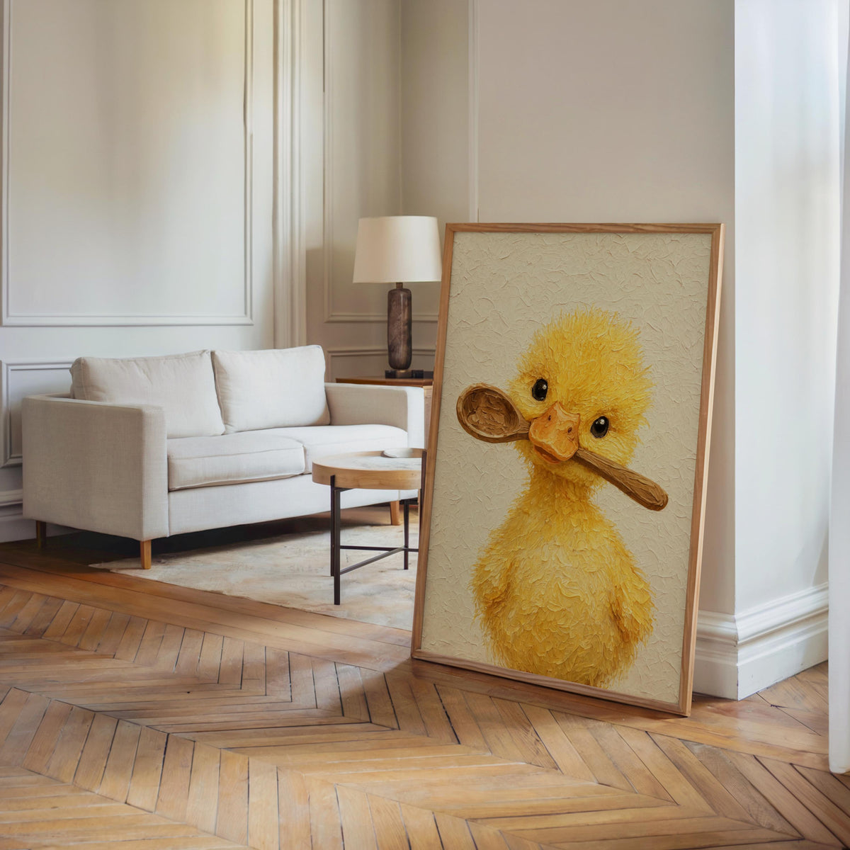 Living room lean, duck kitchen art print beside sofa, warm hardwoods highlight the charming yellow duck portrait.