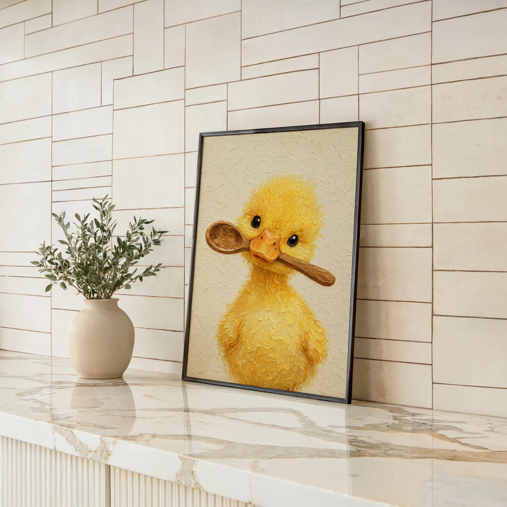 Tiled ledge display, duckling kitchen wall art leaning near a plant, bright neutral tones and textured yellow portrait.