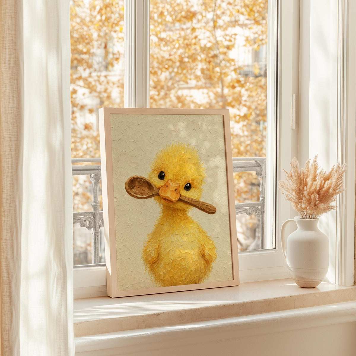 Window sill scene, cottagecore animal art mood, sunlight behind duckling kitchen wall art showing textured brushstrokes.