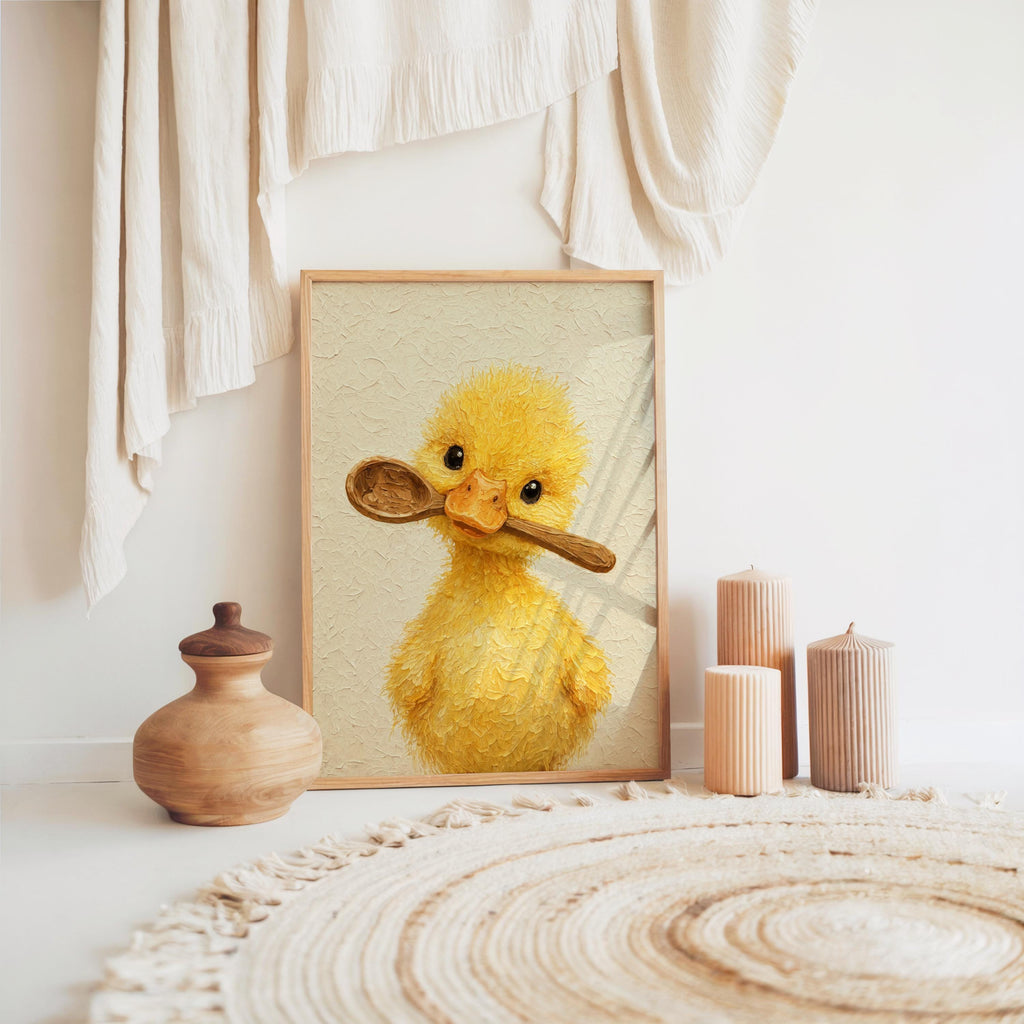 Neutral nook with duckling kitchen wall art propped on rug, layered textures and pottery for a farmhouse kitchen print vibe.