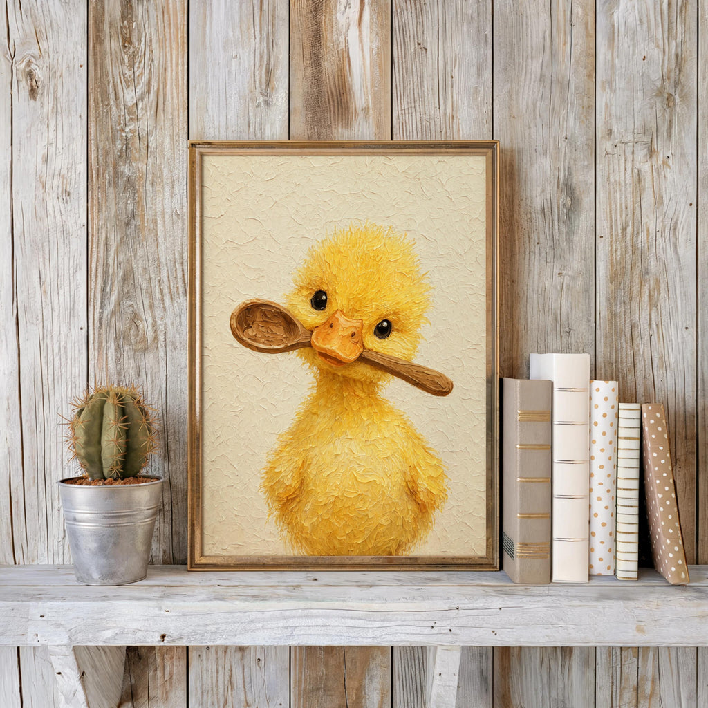 Rustic shelf display featuring framed yellow duckling portrait, farmhouse kitchen print styling with small plant.