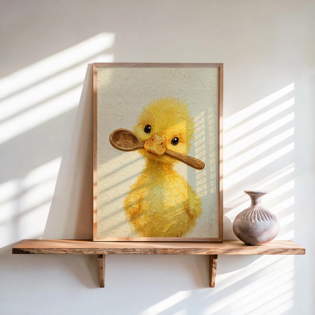 Framed yellow duckling kitchen wall art leaning on sunlit shelf, textured painterly duckling holding spoon.