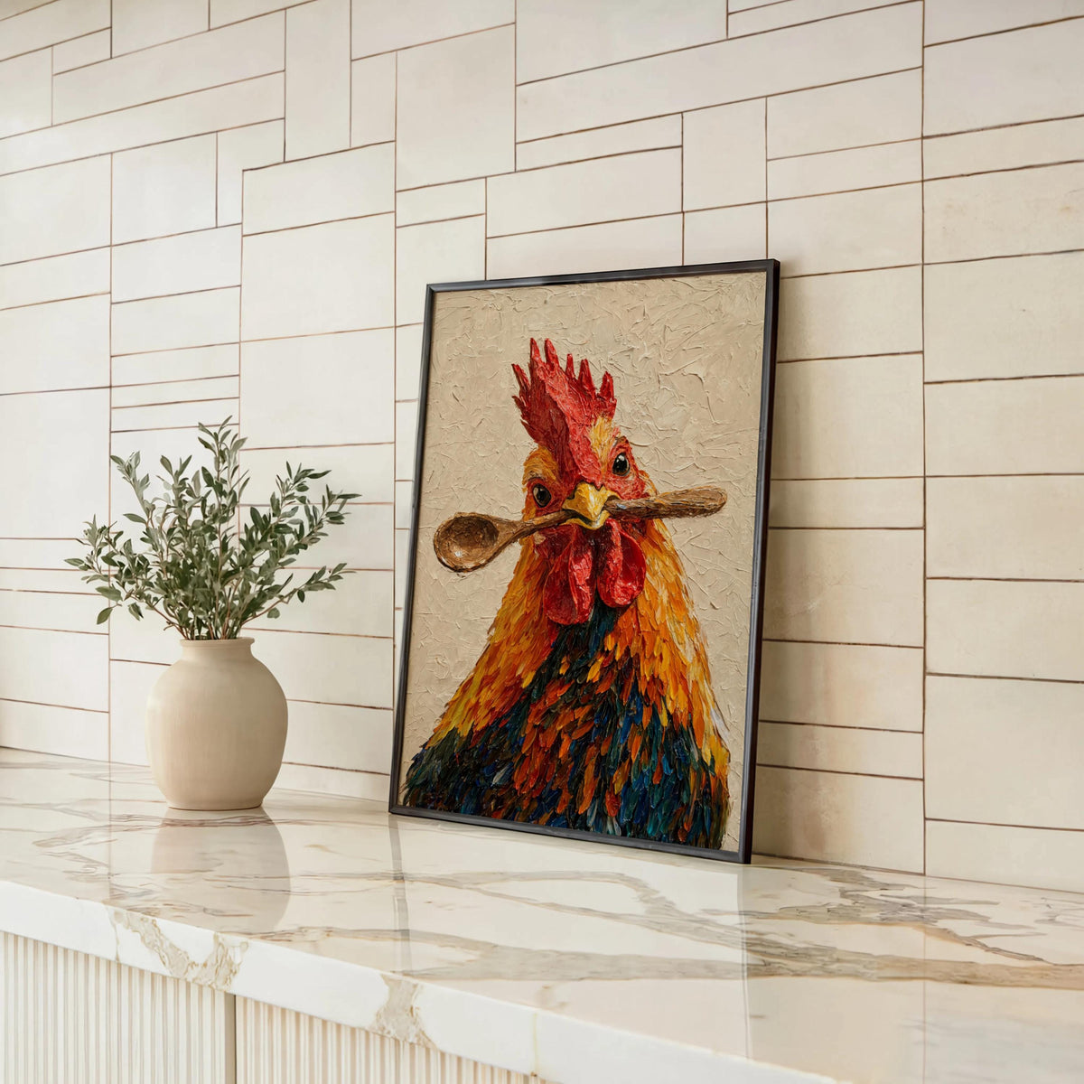Rooster kitchen wall art propped on a marble counter against subway tile, colorful farm animal art accent