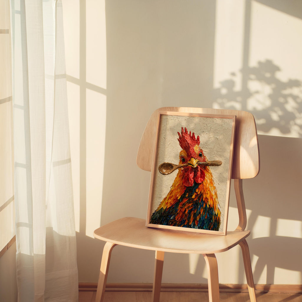 Framed rooster kitchen wall art perched on a vintage chair under soft lamp light, colorful farm animal art