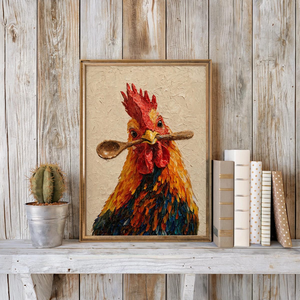 Framed rooster kitchen wall art on a weathered wood ledge with potted succulent, cottagecore kitchen decor