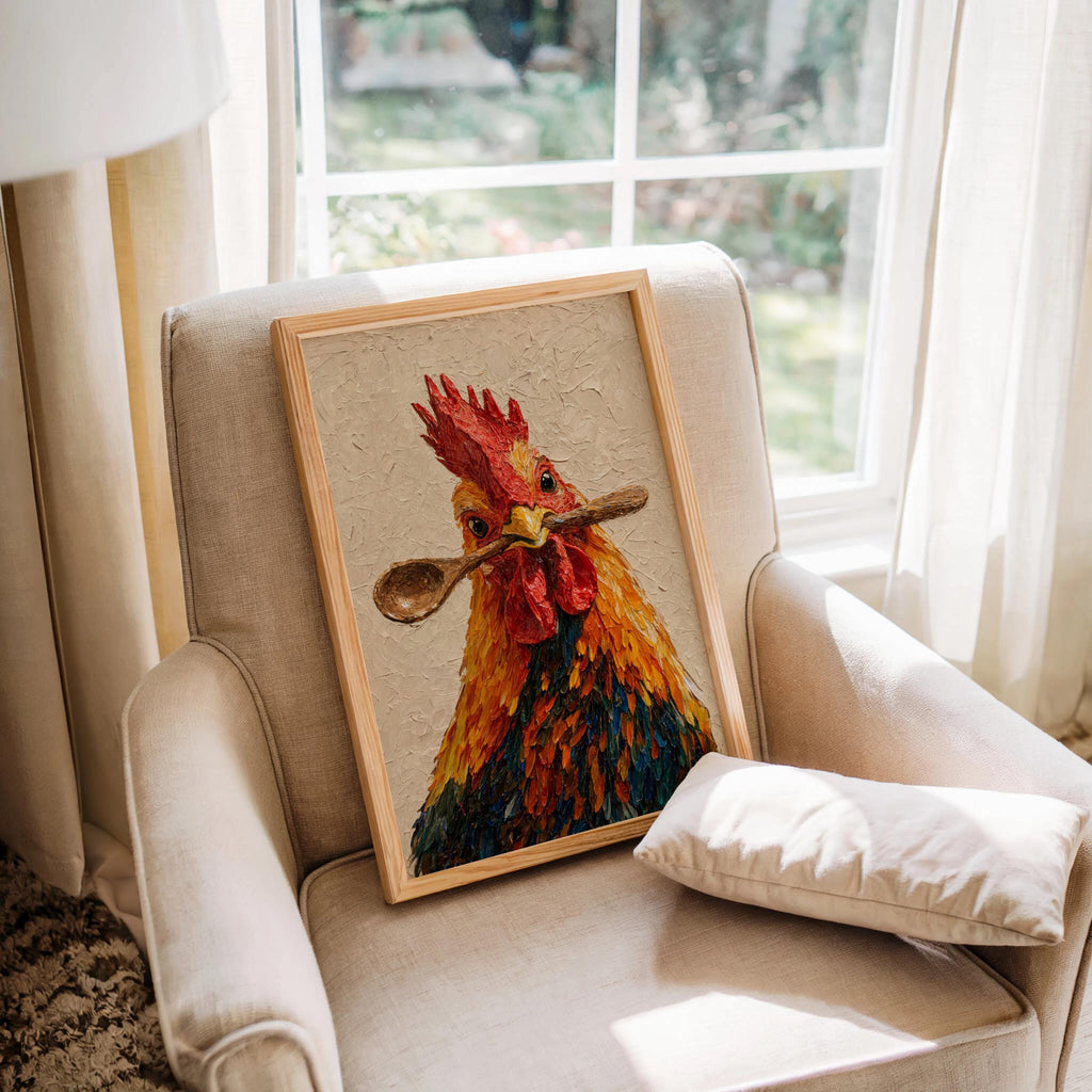 Rooster kitchen wall art leaned on a cushioned armchair, thick palette-knife strokes, country kitchen wall decor
