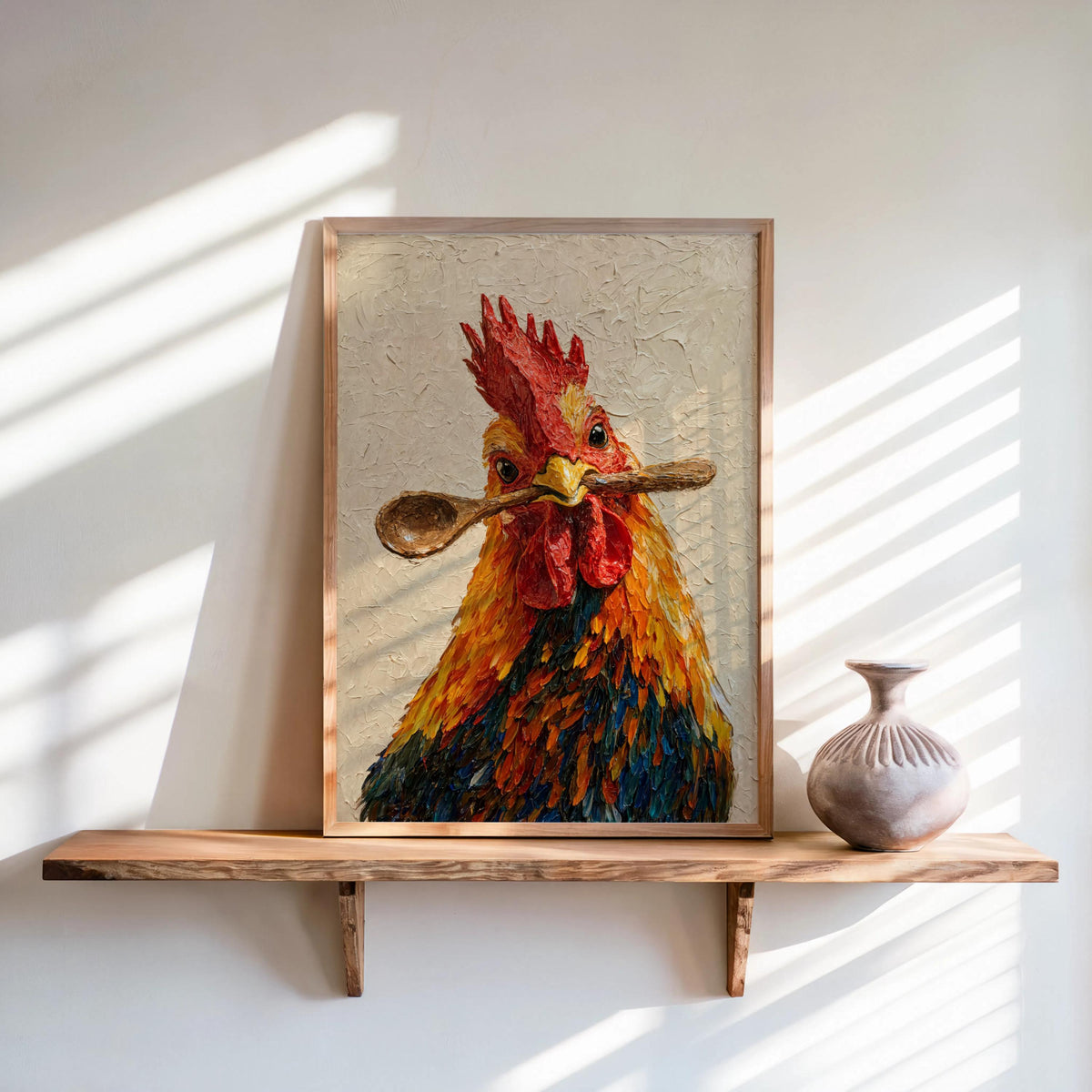 Rooster kitchen wall art on a narrow shelf with morning light and ceramic pot, playful rooster with spoon print