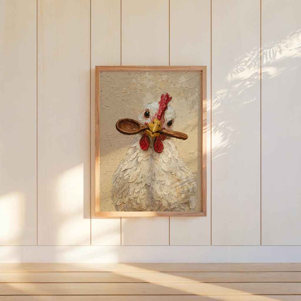 Single framed cottagecore chicken print hangs on pale shiplap wall, warm sunset shadows, chicken kitchen wall art