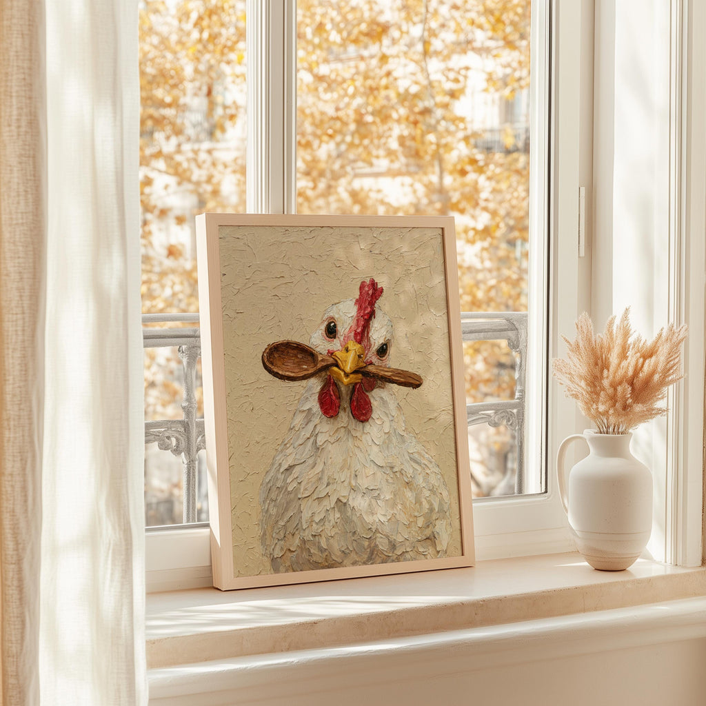 Textured hen spoon print resting on a bright windowsill, golden fall light outside, chicken kitchen wall art