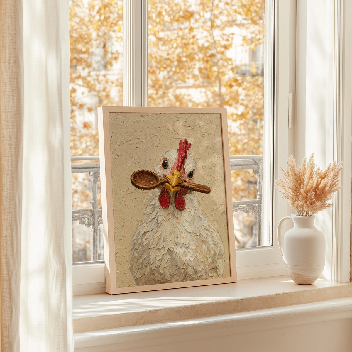 Textured hen spoon print resting on a bright windowsill, golden fall light outside, chicken kitchen wall art
