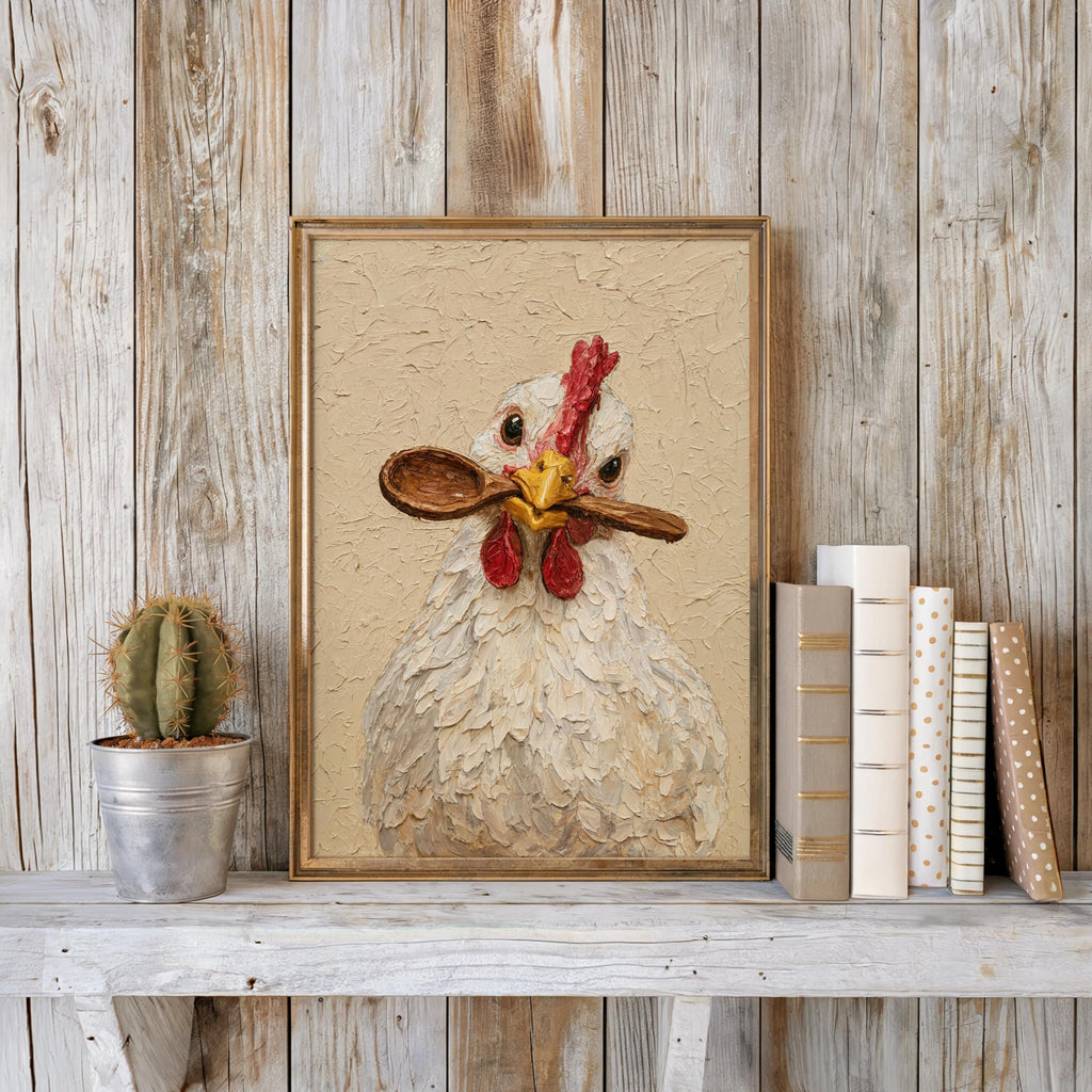 Framed cottagecore chicken print set against whitewashed wood, potted cactus and stacked books, chicken kitchen wall art