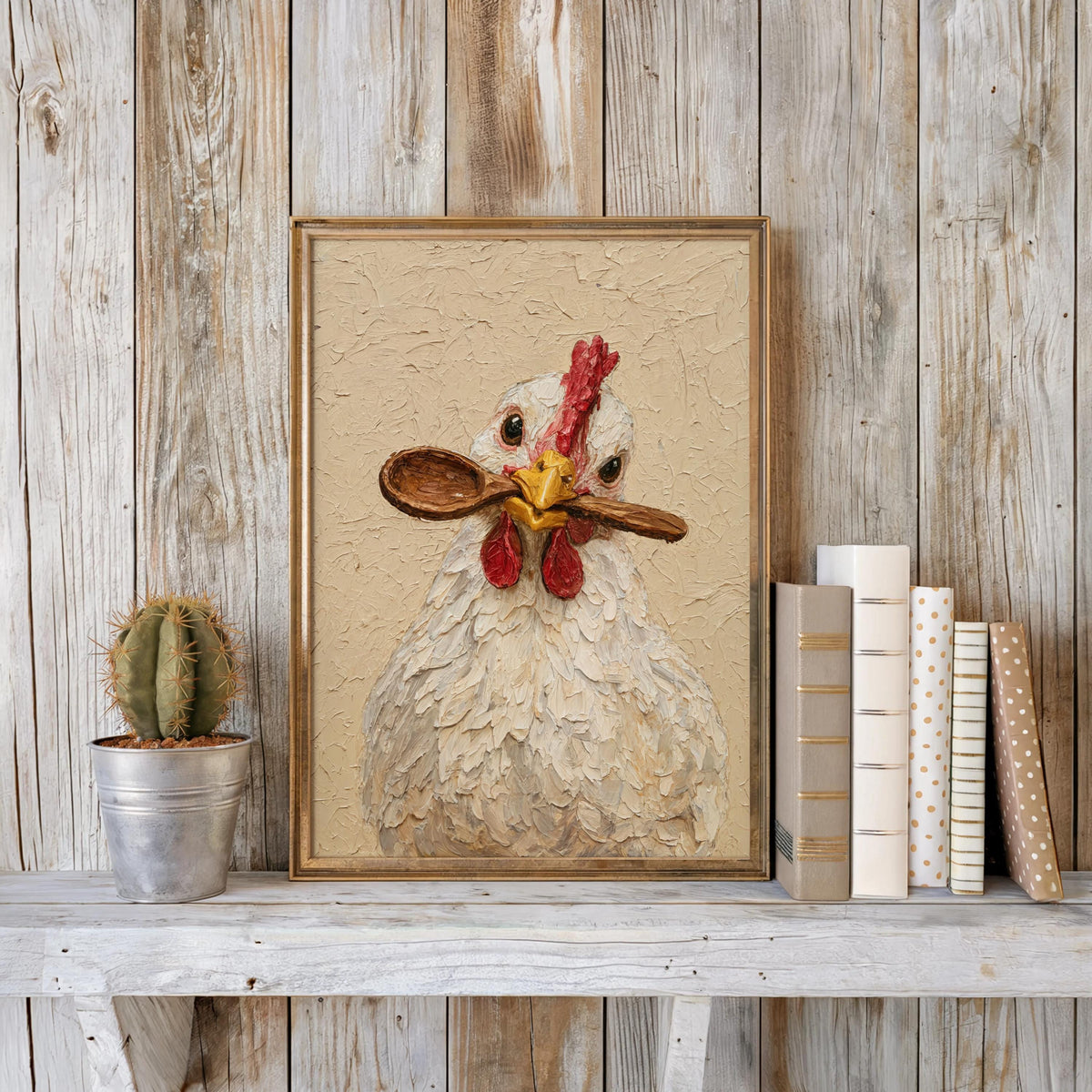 Framed cottagecore chicken print set against whitewashed wood, potted cactus and stacked books, chicken kitchen wall art