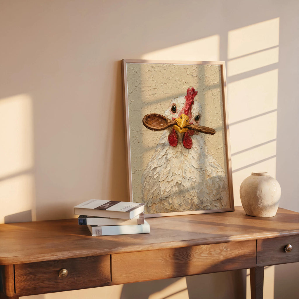 Rustic framed hen print with heavy impasto, leans on a sunlit wooden console, chicken kitchen wall art