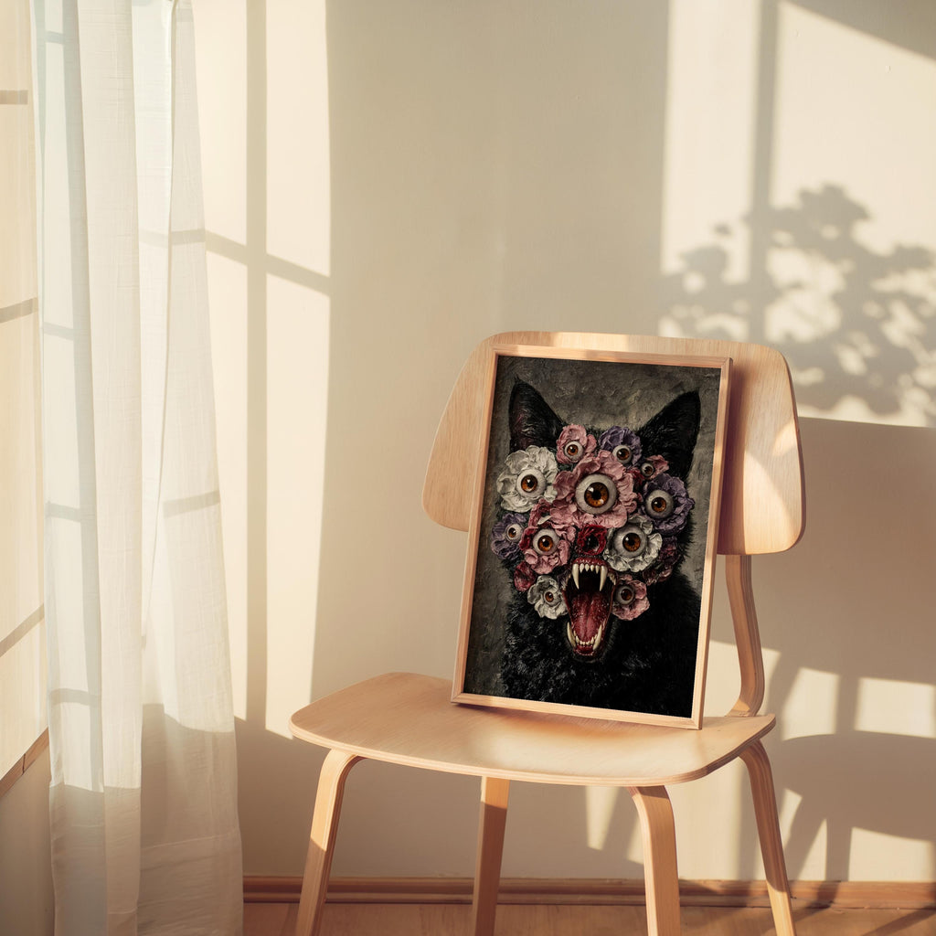 Witchy wall decor smaller print on a wooden chair in a sunlit corner, the black cat floral wall art casts patterned shadows