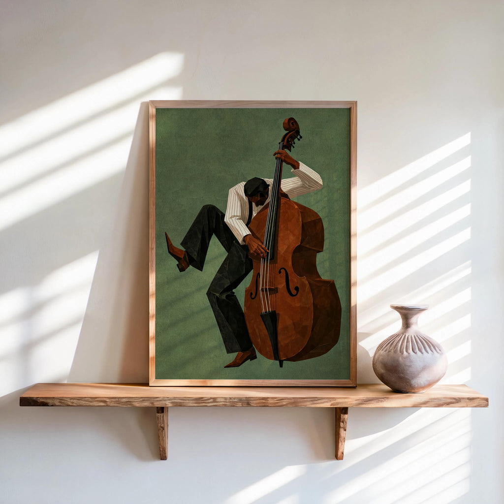 Jazz Bassist Wall Art, Modern Mid Century Musician Print, Retro African American Poster, Afrocentric Painting, Black Culture Soul Music