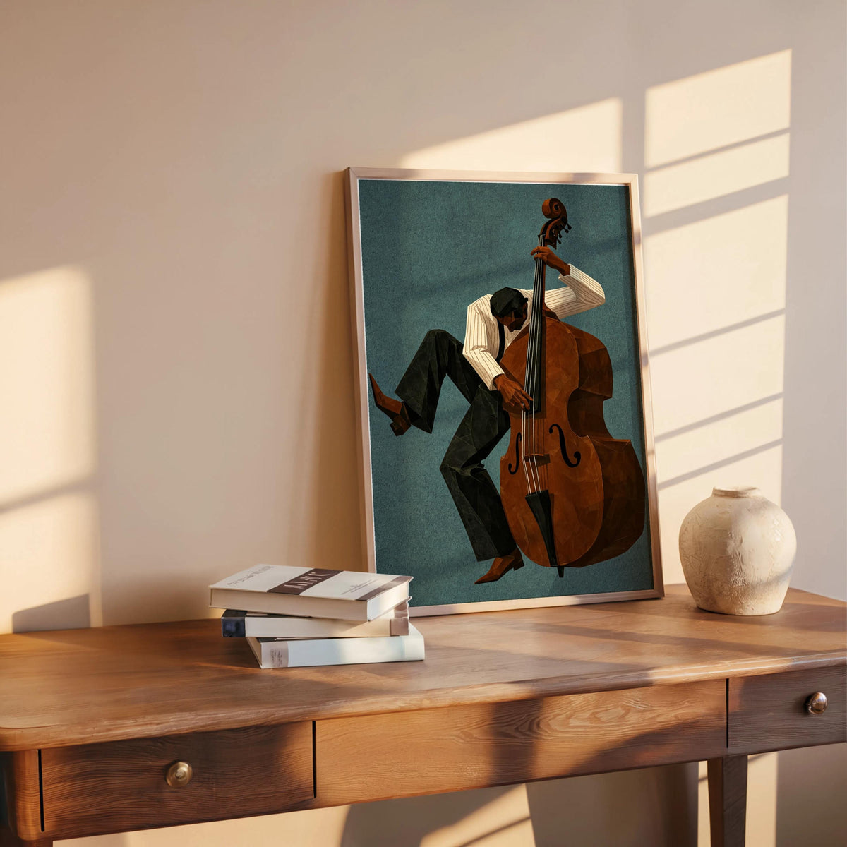 Jazz Bassist Wall Art, Modern Mid Century Musician Print, Retro African American Poster, Afrocentric Painting, Black Culture Soul Music